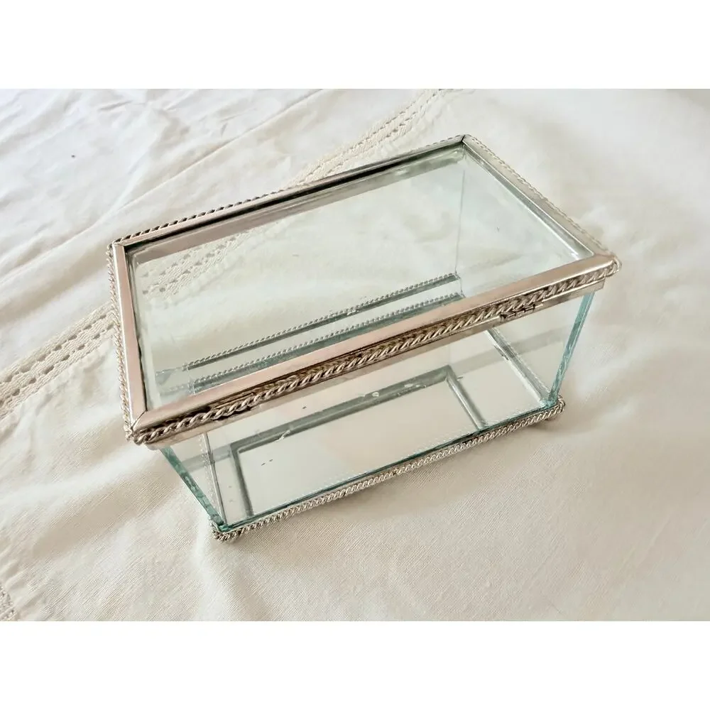 Studio Silversmiths Silver Plated Mirrored Glass Jewelry Box Rope Trim Vintage